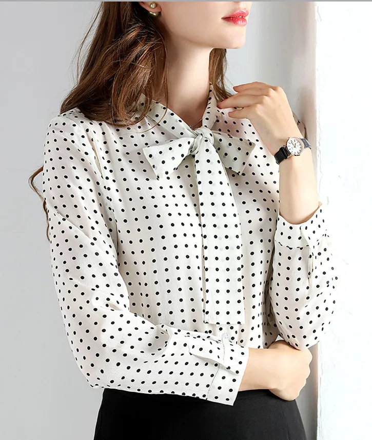 Lady's Polka Dots White Long Sleeve Silk Blouse - Buy Polka Dots Silk ...