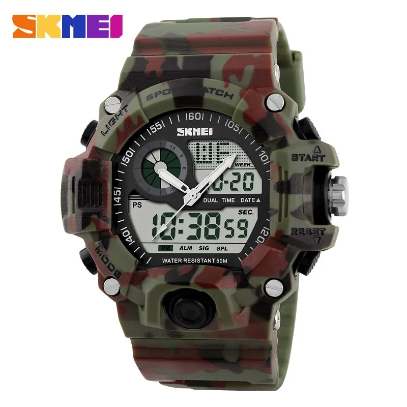 

skmei 1029 multifunction reloj led analog clock dual time outdoor sport 50m waterproof army military Camouflage skmei dive watch