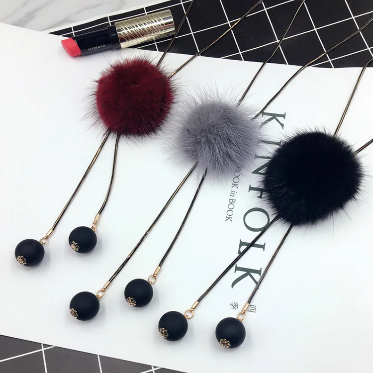 

Fashion Long Chain Crystal Fur Pompom Ball Pendant Necklace Fur Ball Pendant Sweater Necklace For Women, Picture