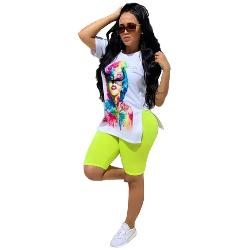 

Two Pieces Outfits Casual Sides Slit Print Two Piece Set