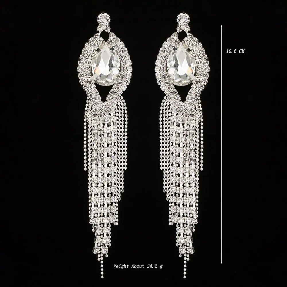 

Wedding Jewelry Silver Plated Teardrop Shape Crystal Sparkling Rhinestone Long Tassels Dangle Earrings