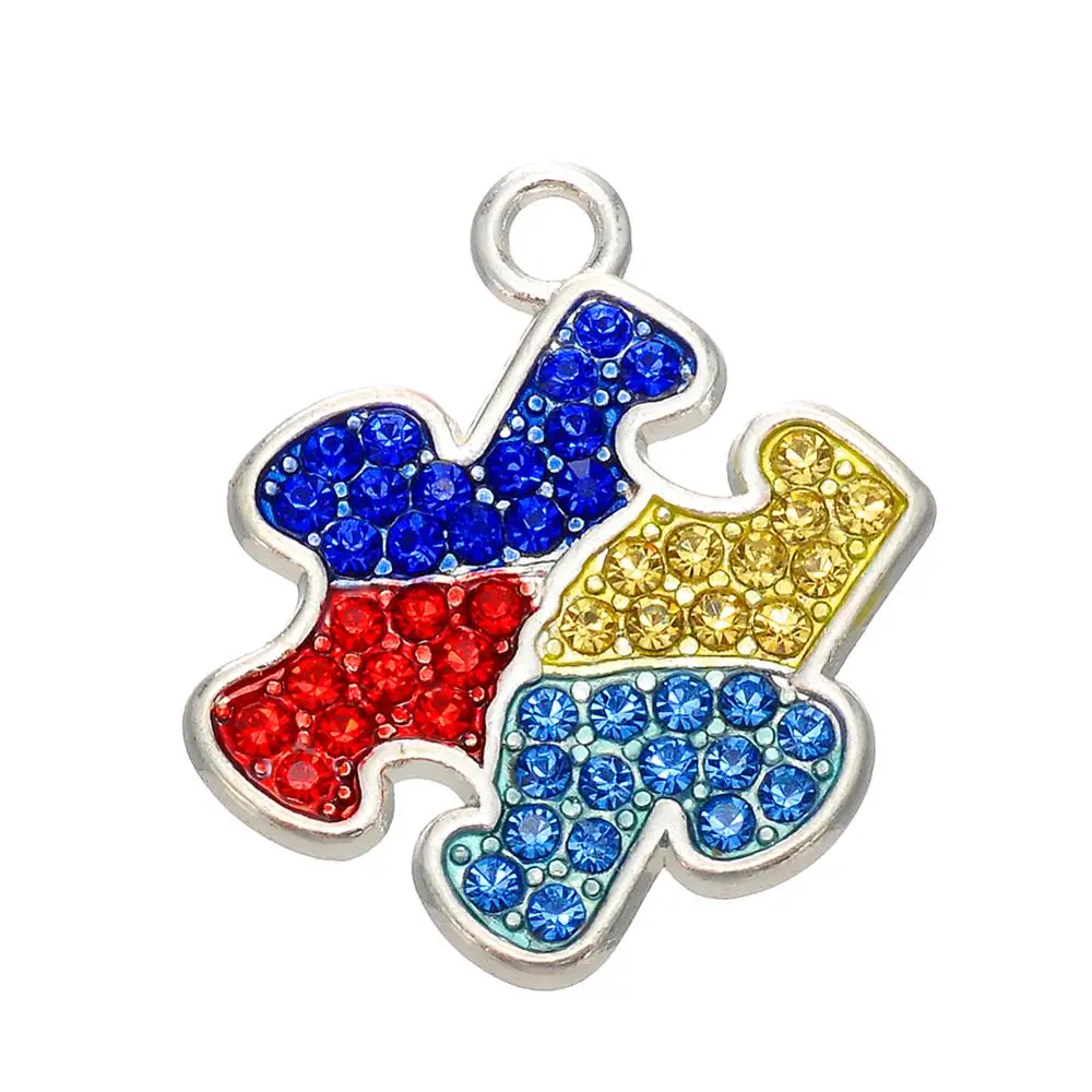 

Rhodium Multicolored Crystal Autism Awareness Bracelet Charms Puzzle Piece Jigsaw Pendant DIY Jewelry