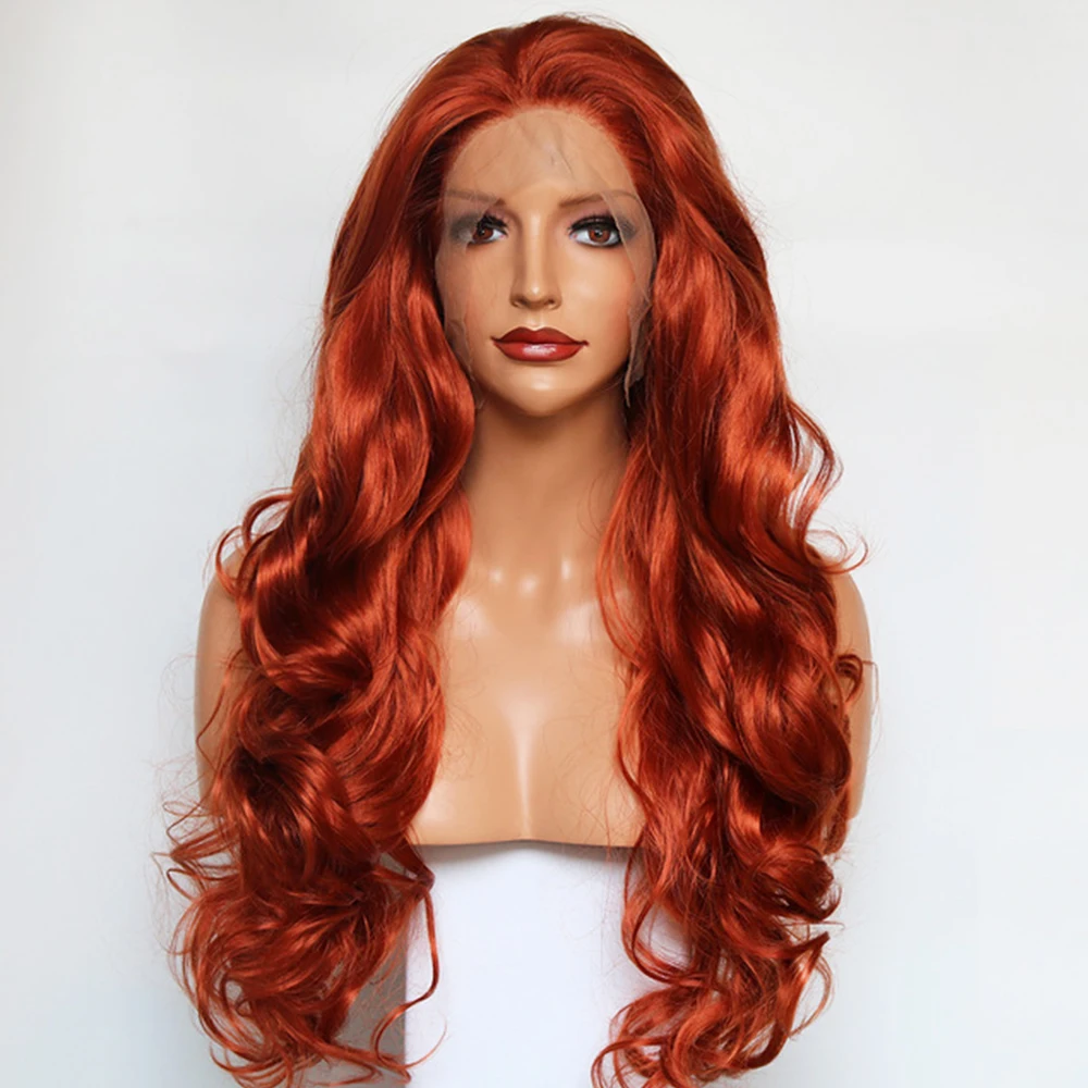 

350# Color Copper Red Body Wave Synthetic Lace Front Wigs For Women Natural Looking Heat Resistant Party Hair Cosplay Wig