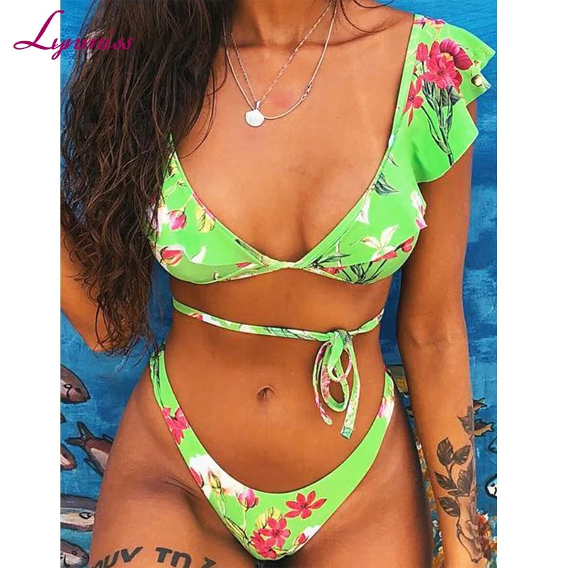 

2019 Hot Sale 2 Pieces Swimsuit Brazilian printed Bikini Beachwear Top High Rise Bottom Swimwear+, 8 colors