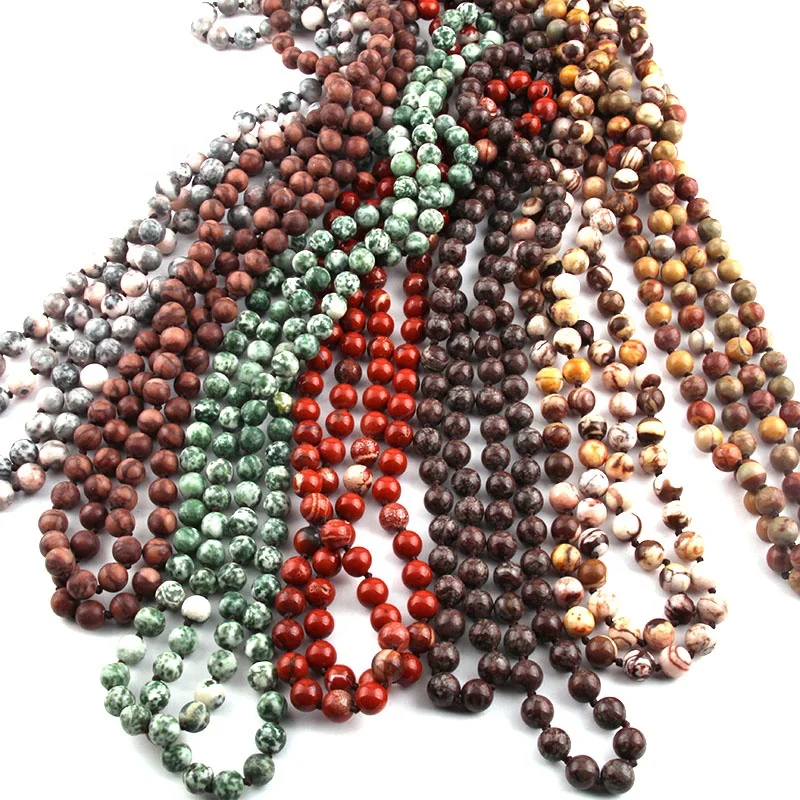 

8mm Statement Natural Stone Beads Necklace long Necklace Knotted india agate gemstone Necklace, 20 color