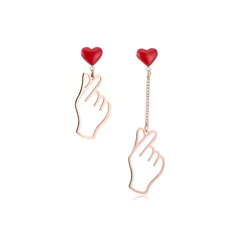 

New Design Women Korean Style Gesture Hand Love Earrings, Rose gold + red