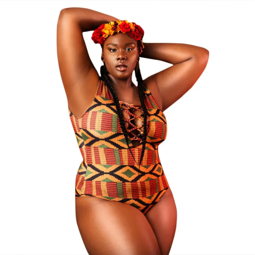 Africa  Print Crisscross Detail One-piece Swimwear Plus Size Swimwear