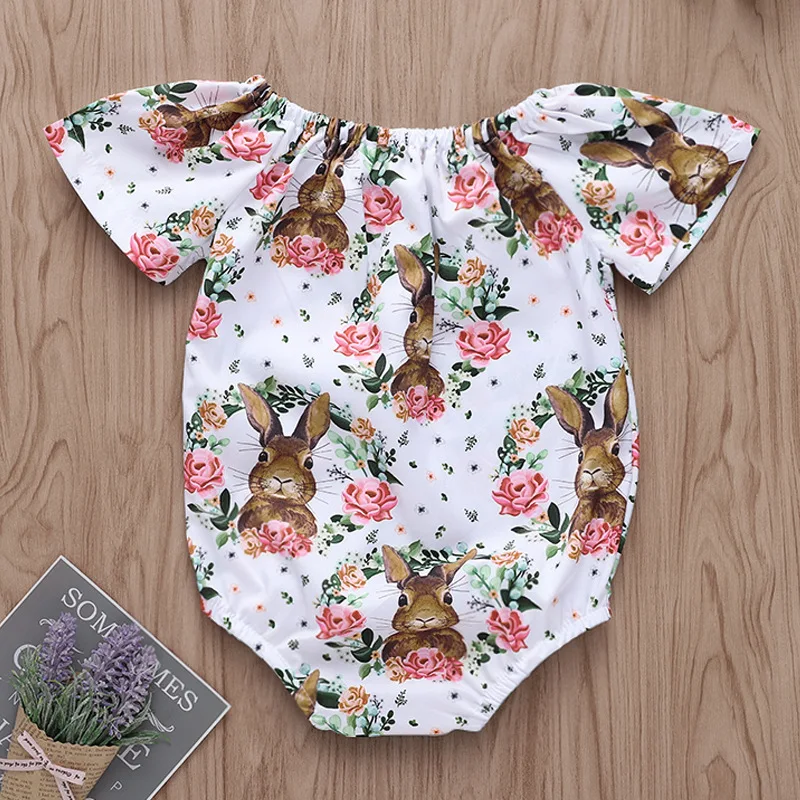

Cute Newborn Baby Girl Ruffles Sleeve Cartoon Rabbit Cotton Romper infant Easter Jumpsuit Outfit Princess Sunsuit Clothes, As picture