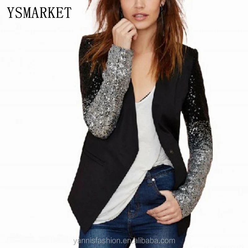 

European America Coat S/3 XL Plus Size Stitching Sequins Single Buckle Blazer Slim Black Women Jackets blazer feminino E3023, N/a