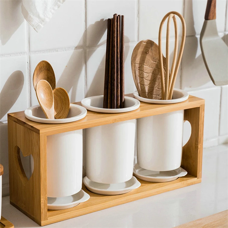 Houseware Cutlery Holder Cheap Porcelain Flatware Holder With Wooden