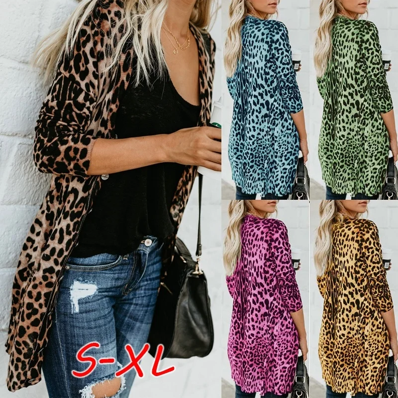

Women Sexy Leopard Printed Long Cardigan Coat V Neck Button Casual Tops Streetwear Thin Outerwear Plus Size