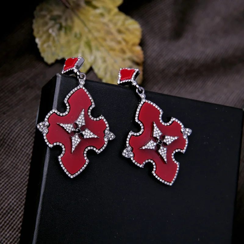

ed01055 Gorgeous Red Acrylic Crysta Cross With Diamond Women Stud Earrings Set 2020, As pictures