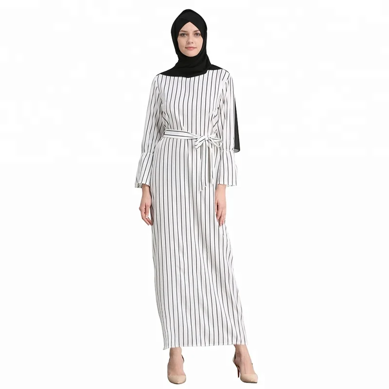 

Fashion muslim women stripe long abaya dress islamic clothing, White;black