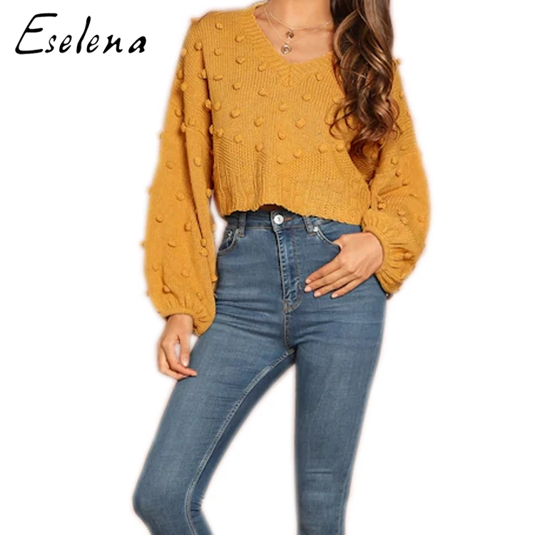 

women fashion Pom Pom Design V-Neck Puff Sleeve Pullover Sweater plain yellow top blouse for girls