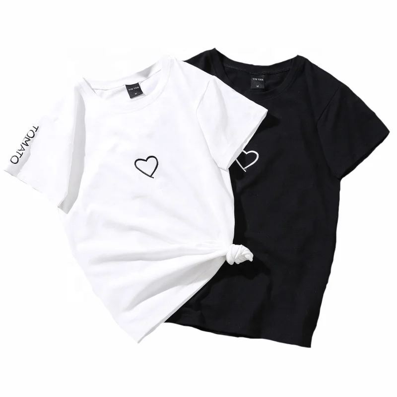 

2019 Summer Couples Lovers T-Shirt for Lady Student Casual White Tops Women T Shirt Love Heart Embroidery Print Tshirt Female