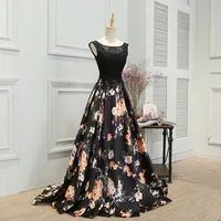 

2018 Spring Elegant Black Women Printed flower Formal Prom Gown Round Neck Floral Long evening party Dress