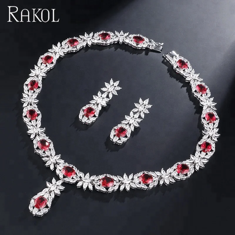 

RAKOL SP2007 Chinese Jewelry Supplier Luxury Necklace Vintage Earrings Crystal CZ zircon Flower Jewelry Set, As picture