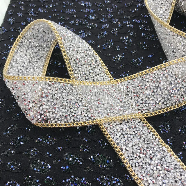 

L120 3.8cm width iron on rhinestone trim for clothing and shoes, Silver/clear crystal color with gold aluminum chain