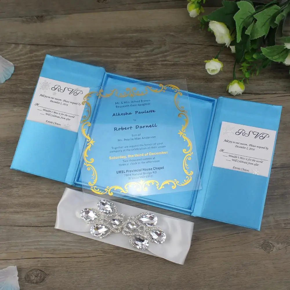 

Gorgeous Hard Cover Wedding Invitations with Acrylic and Wedding Invitation Card with Silk Ribbon Decoration Box birthday cards