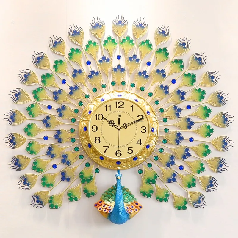 Gold Metal Art Iron Large Peacock Wall Clock With 3d Resin Head