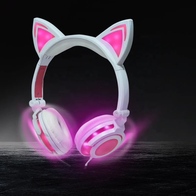 

2019 LED glowing rechargeable earphone foldable auriculares kids headphones with cat ear