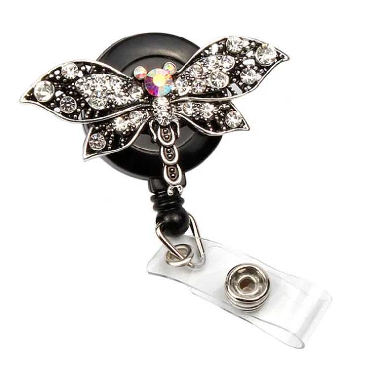 

Vintage Rhinestone Animal Dragonfly Retractable Badge Reel Decoration with clips ID Badge Holder