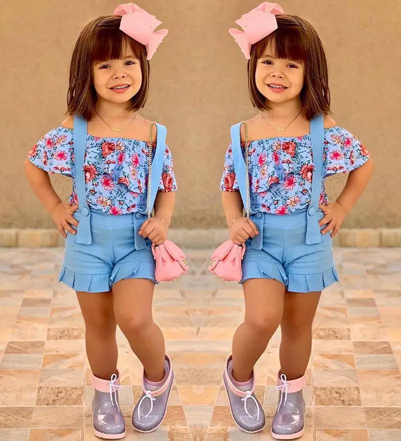 

Infantil Toddler Girl Clothes Off Shoulder Floral Tops & blue Suspender Shorts Outfits Sets Vetement Enfant Fille