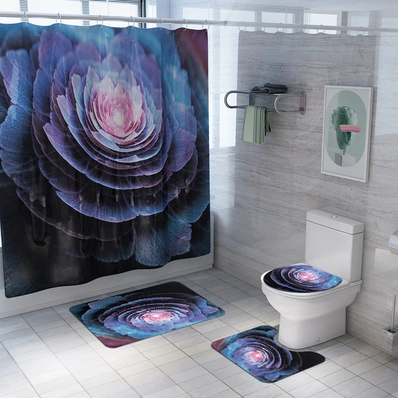 Flowers Amazon hot selling waterproof polyester fabric 4 piece bathroom rug mat and shower curtain sets