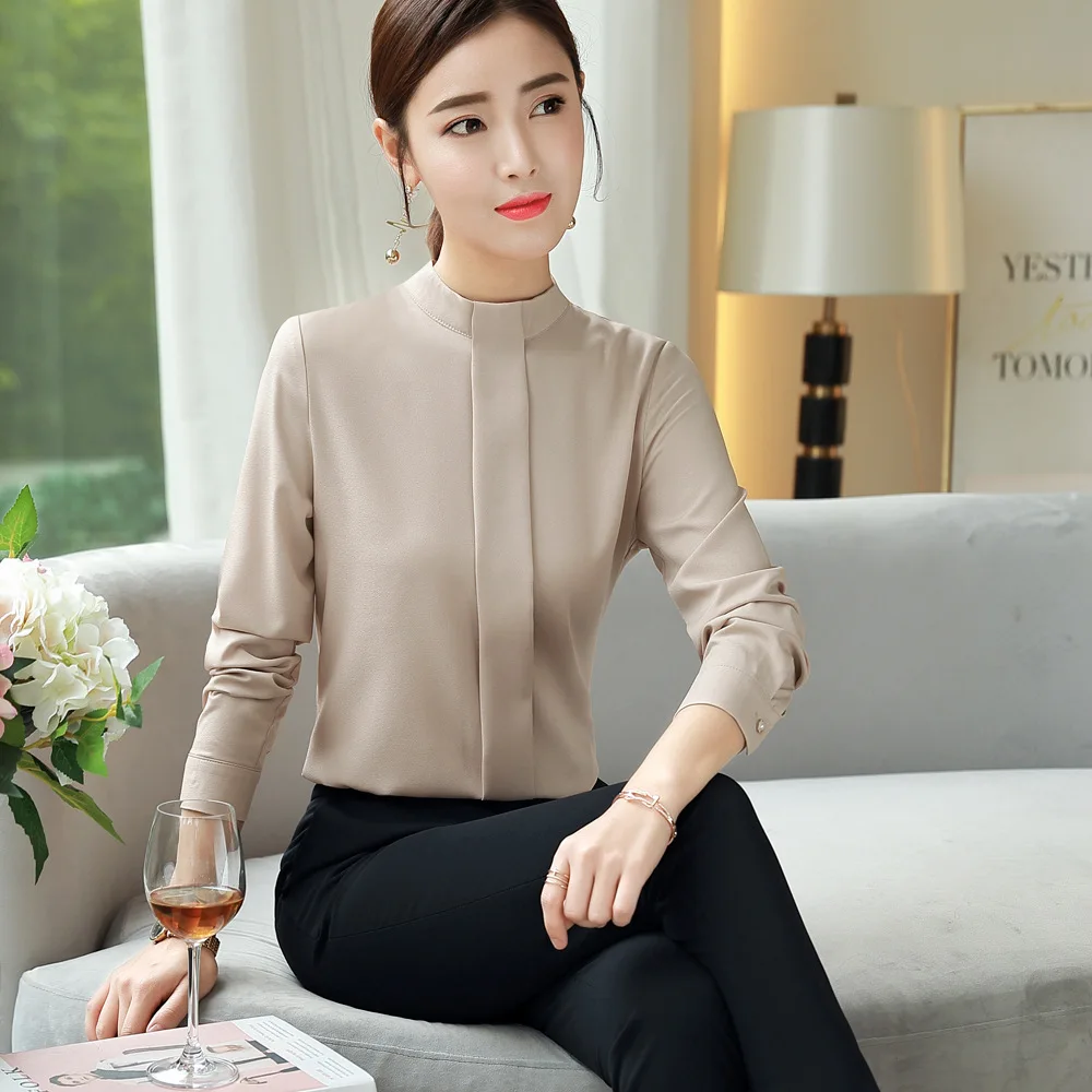 

C10099B Latest korean style fashion temperament slim fit women career blouses 2019, White/gray/green/champagne