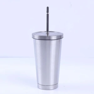 Image of 18/8 stainless steel cup with straw drinking cup with built in straw