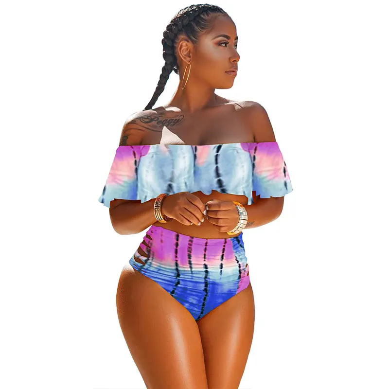 

Ruffle Sleeve Off Shoulder Print Two-piece Swimwear, N/a