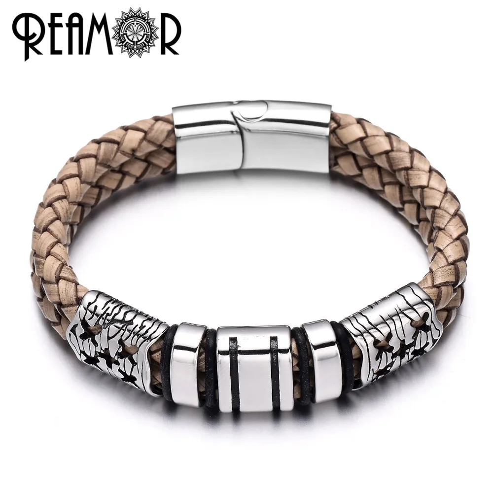 

REAMOR Fashion 316l Stainless Steel Genuine Braided Leather Vintage Bracelet For Men Wristband Bangles Jewelry