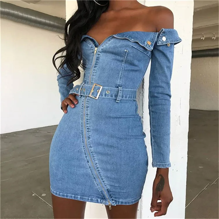 

New Designer Ladies long Sleeve Belt Open Collared Neck Denim Club With Button zipper Bodycon sexy off shoulder denim dress