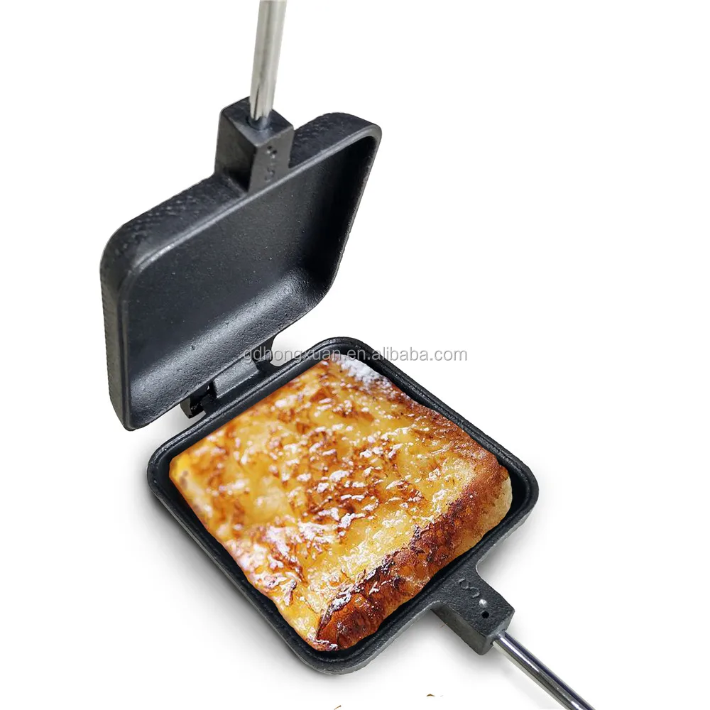 Heavy Duty Cast Iron Square Pie Iron Grill Sandwich Maker Long Extended Wood Handle For Camping