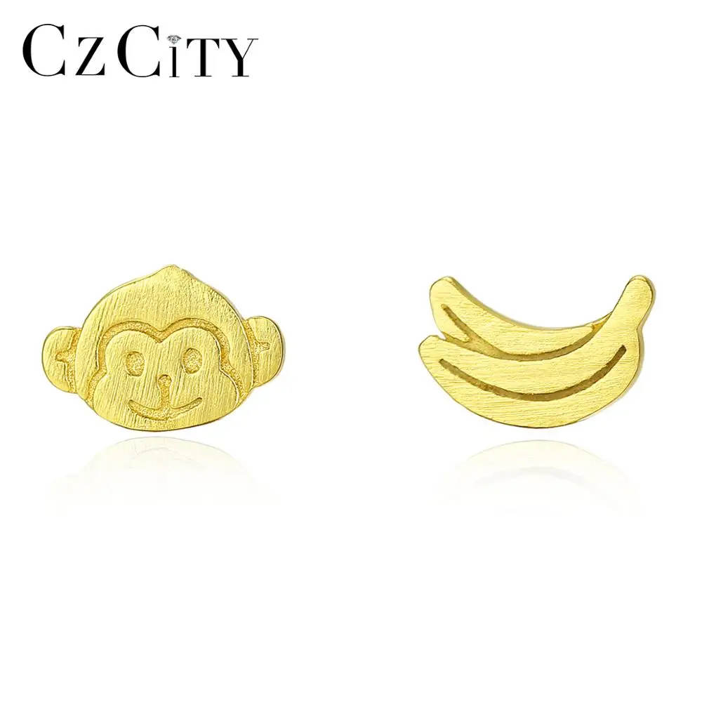 CZCITY Fine Jewelry 925 Sterling Silver Stud Earrings Women Minimalist Brushed Vivid Monkey&Banana Fashion Earring