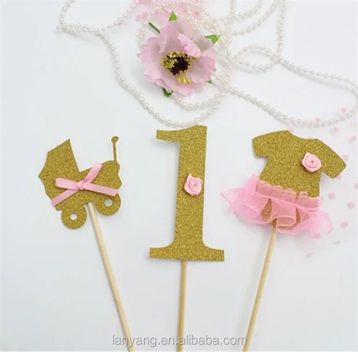 Baby Girl First 1st Birthday Cupcake Cake Toppers Pre Cut Gold