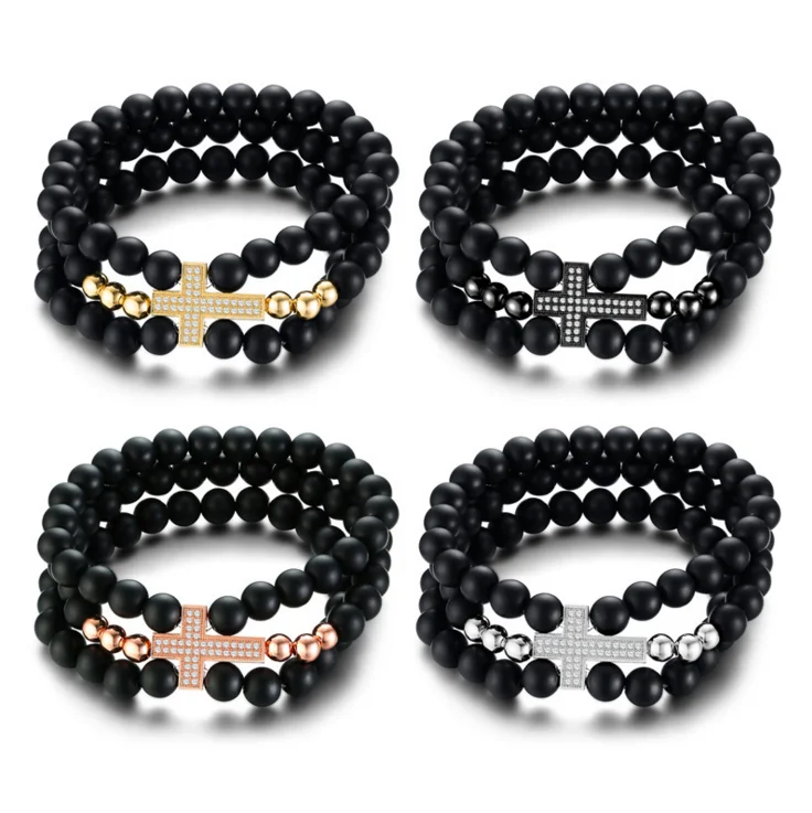 

Custom Stainless Steel Jewelry The Cross Black Bead Bracelet, Religious Zircon Bracelet for Men
