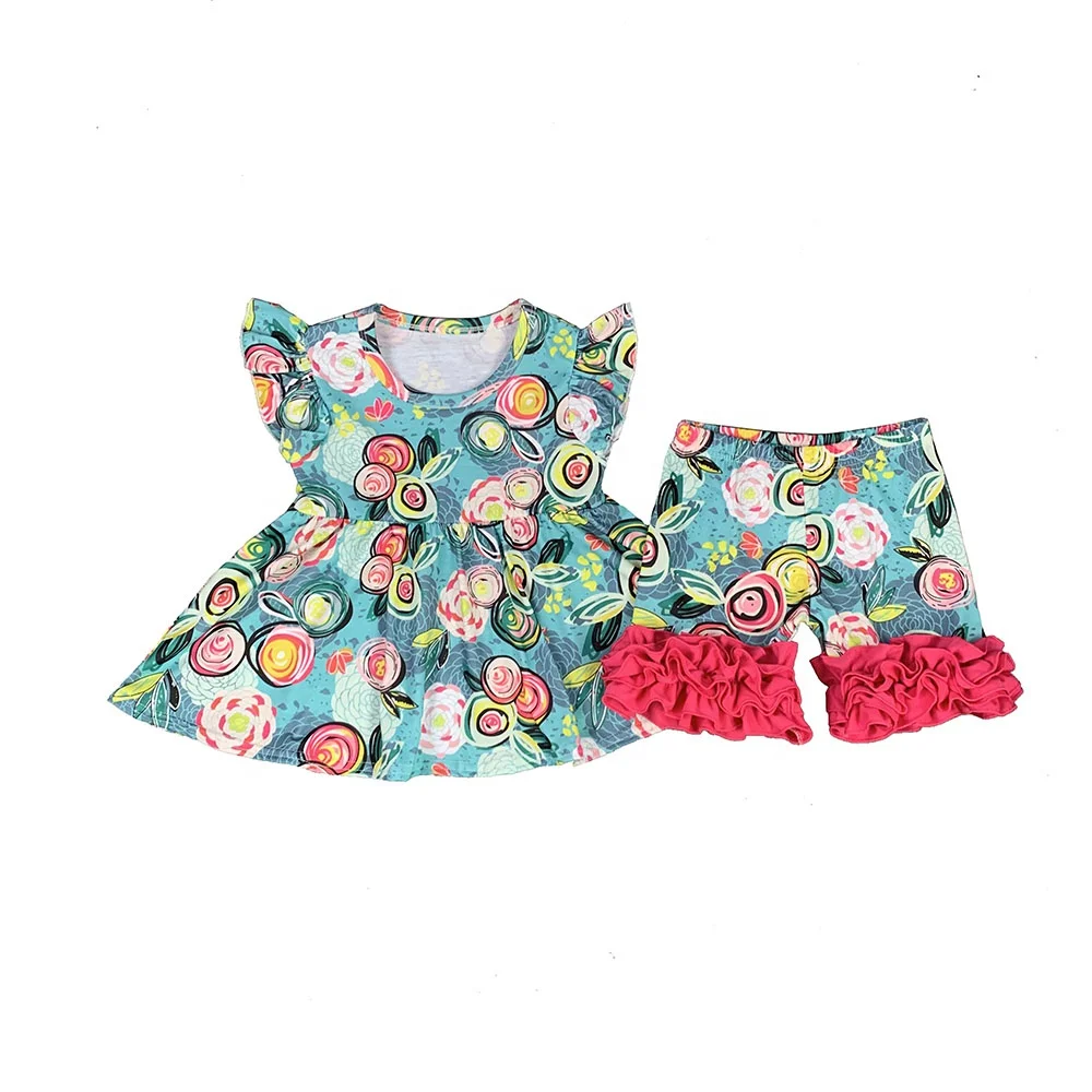 

Wholesale Kids Clothing Sets Little Girls Aqua Floral Print Tunic and Ruffled Shorts Outfits, As image & customized