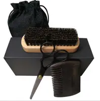 

Wholesale custom LOGO 4pcs wooden foldable beard comb and brush set grooming kit with barber hair scissor