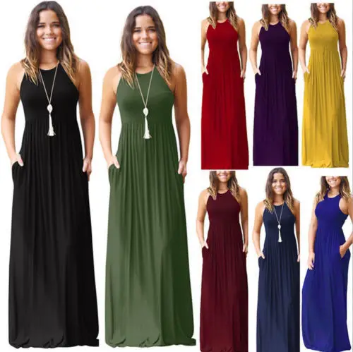 

2018 New Lady Sleeveless Lagenlook Women Ladies Jumper Skirt Long Dresses Flippy Loose Pocket Dress