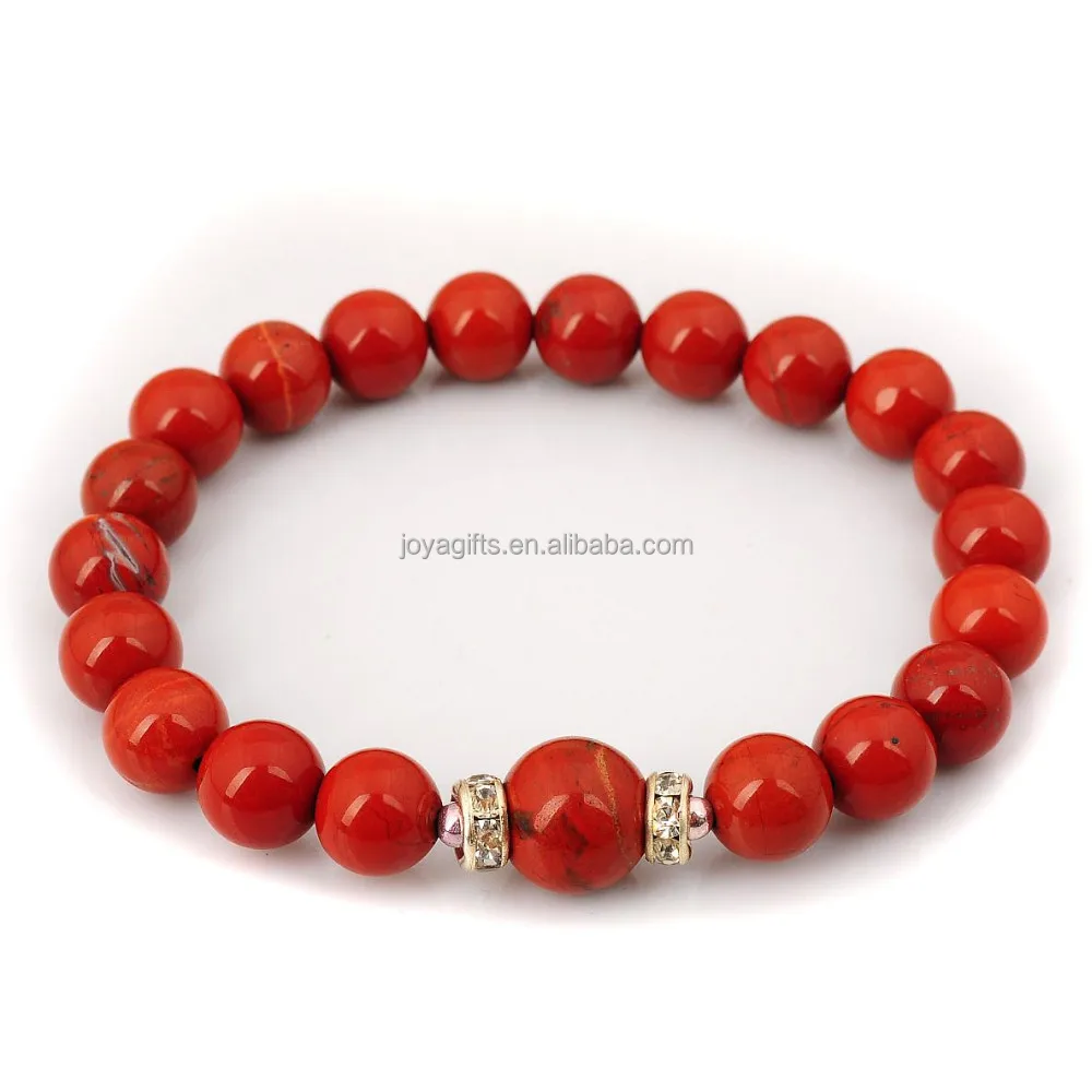 

Red Jasper 8MM Gemstone Round Beads Bracelet with 10MM and Crystal Rondelles