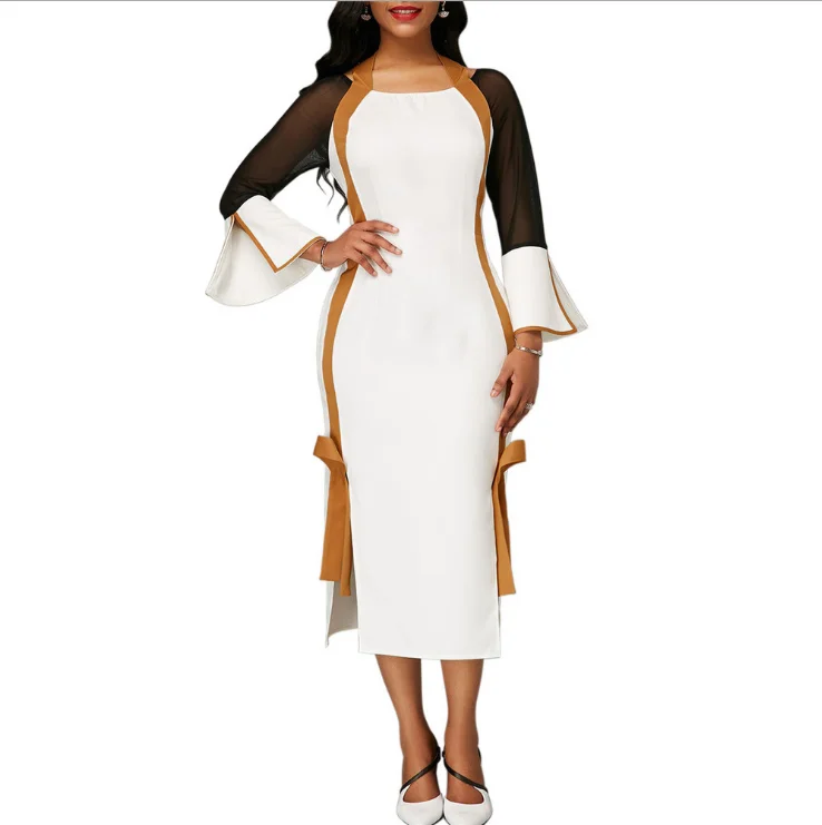 

2019 Women's high waist slimming long sleeve round neck tie ladies dress, White