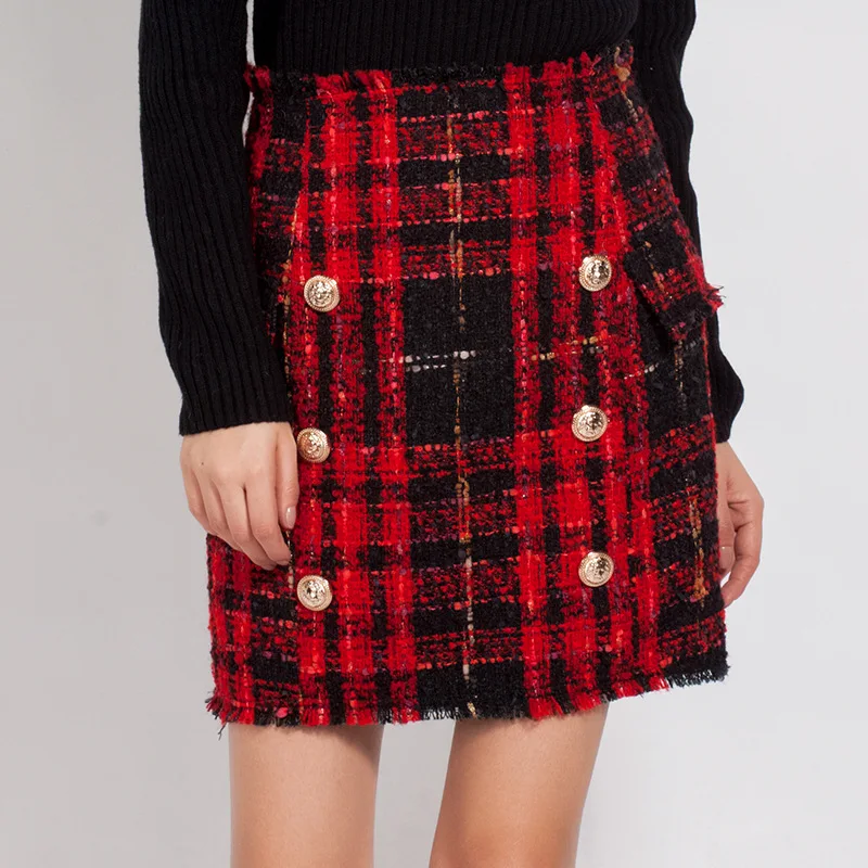 

wholesale price gird printed a-line mini women red plaid check fleece tweed winter woolen zipper skirt