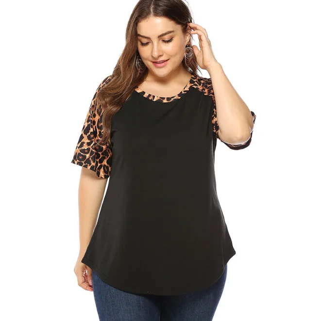 

QF0754 2019 summer new leopard print round neck half sleeve women plus size t-shirt