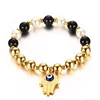 Fashion White Pearl Black Beaded Strech Bracelet Gold Single Elasticity Ball Evil Hamsa Eye Charm Bracelet