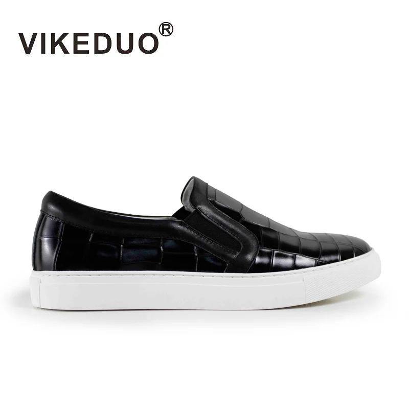 

VIKEDUO Hand Made Crocodile Leather Embossed Calfskin Black Men Italian Casual Men Loafer Shoes Summer Shoes