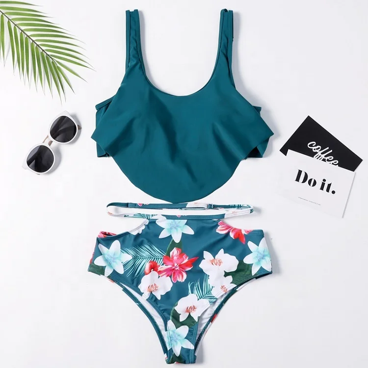

High quality two piece print bikini floral swimwear, White,peacock blue