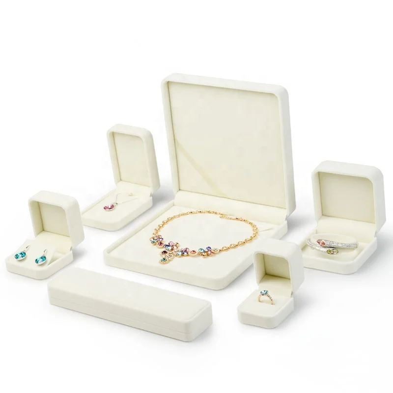 

FANXI Wholesale Custom Logo White Velvet Ring Earring Necklace Bracelet Jewelry Gift Packaging Boxes Velvet Jewellery Box, Off white or customized color for packaging box