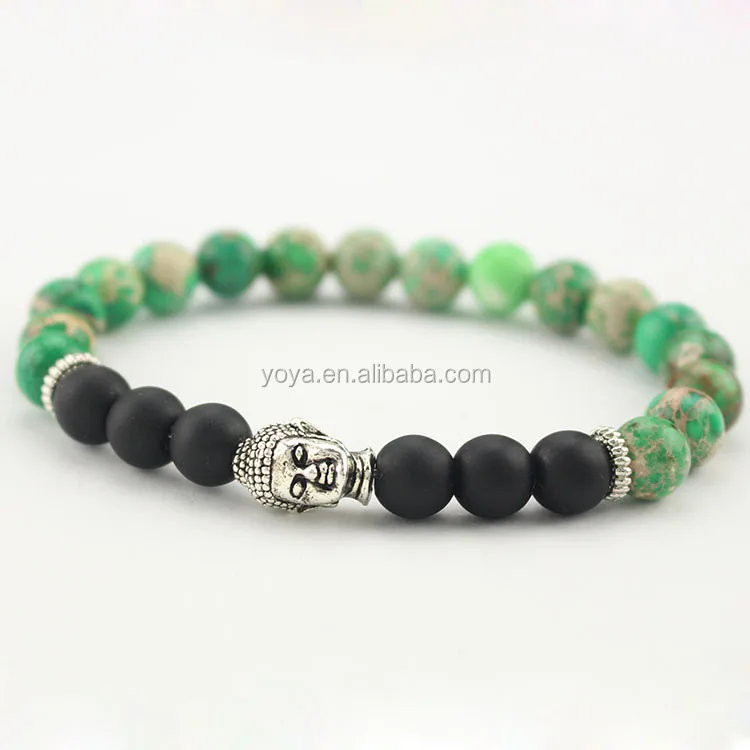 

BRU0819 Fashion Black Onyx Green Imperial Jasper Beaded Buddha Head Bracelet for men,Yoga Meditation Bracelet