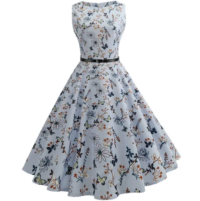 Floral Print Summer Dress Women Sleeveless 50s 60s Rockabilly Vintage Elegant Dresses Robe Femme Belt Tunic Party Sundress